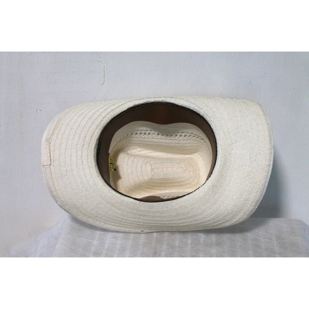 Cowgirl Hat, Tan Straw Rancher Feather Brim Trim White Tan Medium 6 7/8